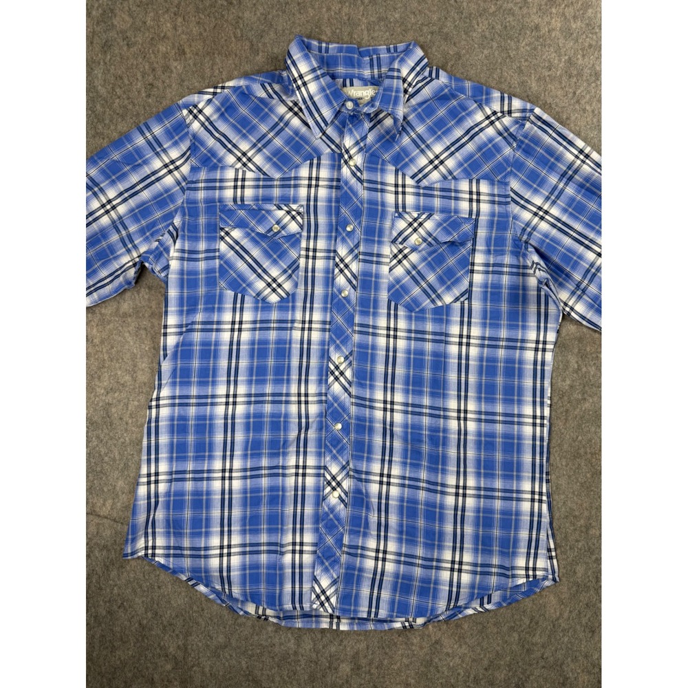 Wrangler Wrancher Mens Blue Plaid Western Snap Shirt Large MTW1492 Pearl Snap